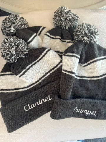 Iron Grey/White Stripe Pom Pom Beanie